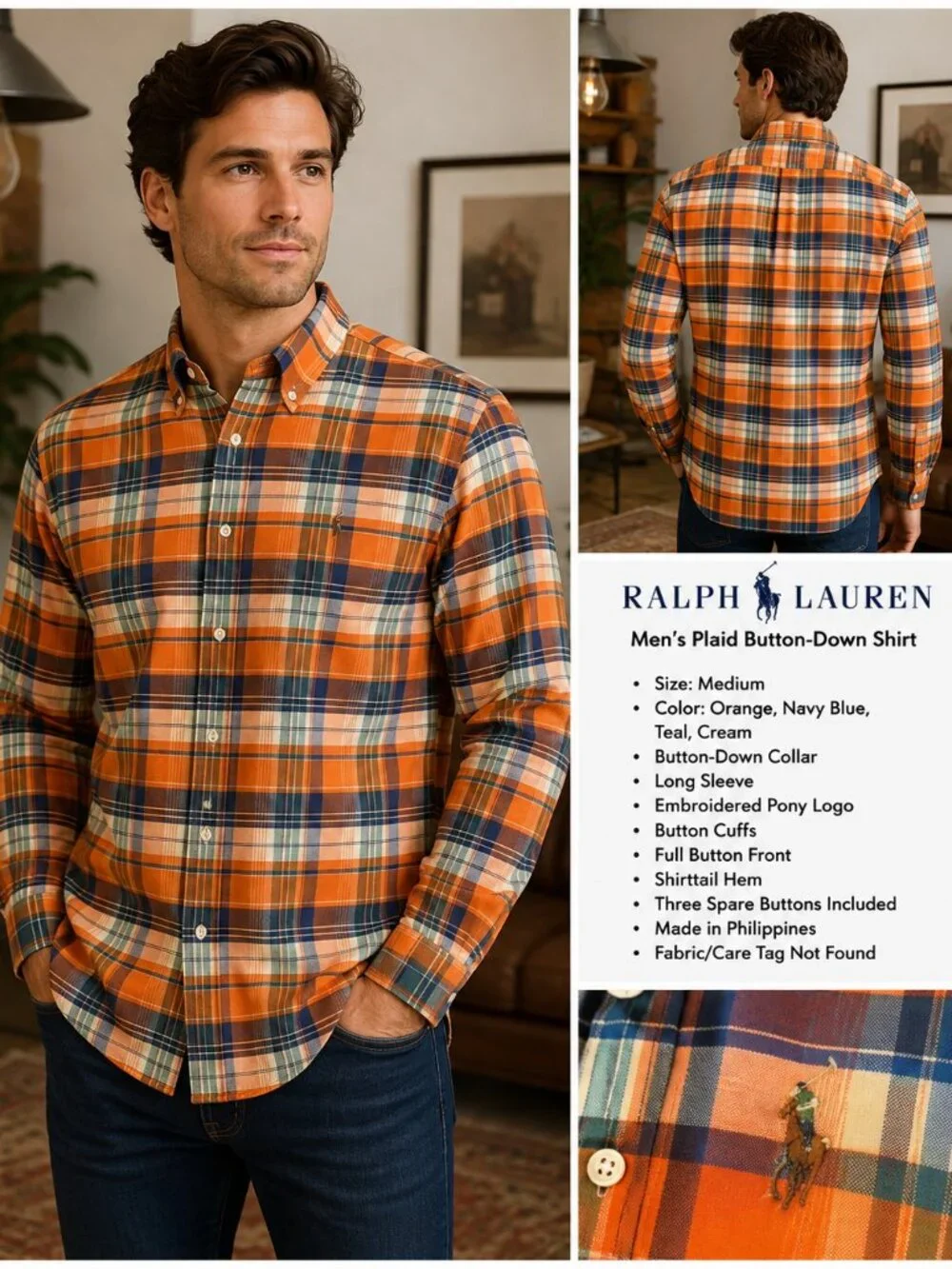 Ralph Lauren Men's M Plaid Button Down Shirt Orange Blue Long Sleeve Pony